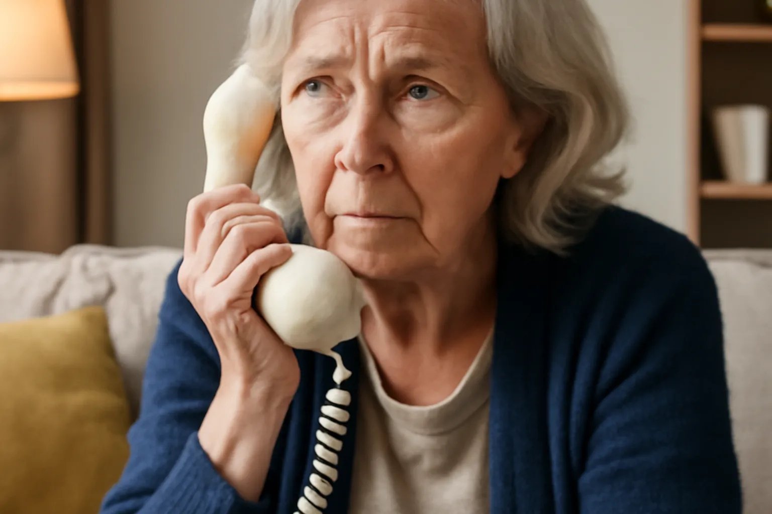 Personne âgée méfiante face à un appel téléphonique suspect