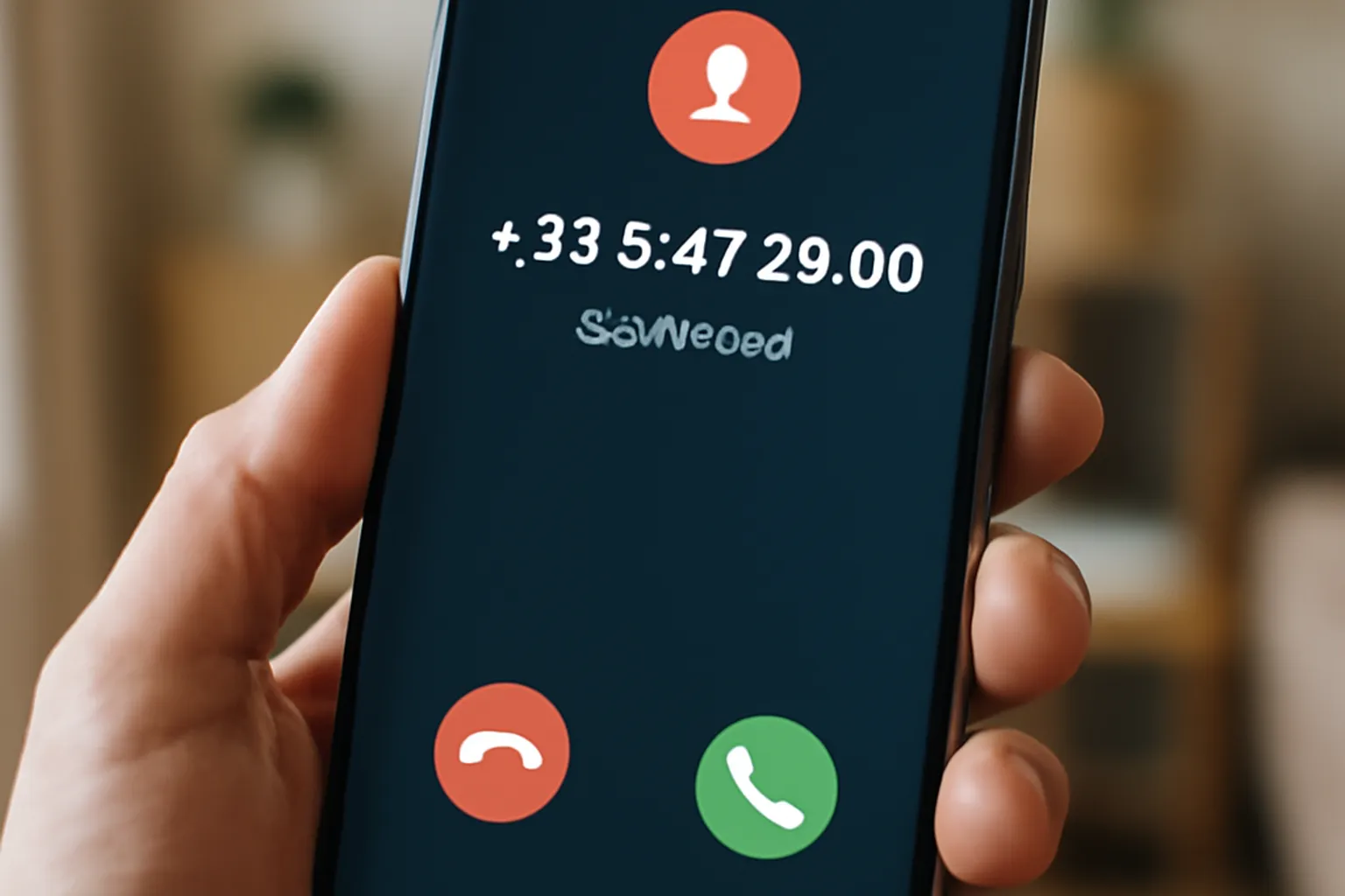 Écran de smartphone affichant un appel entrant d'un numéro suspect